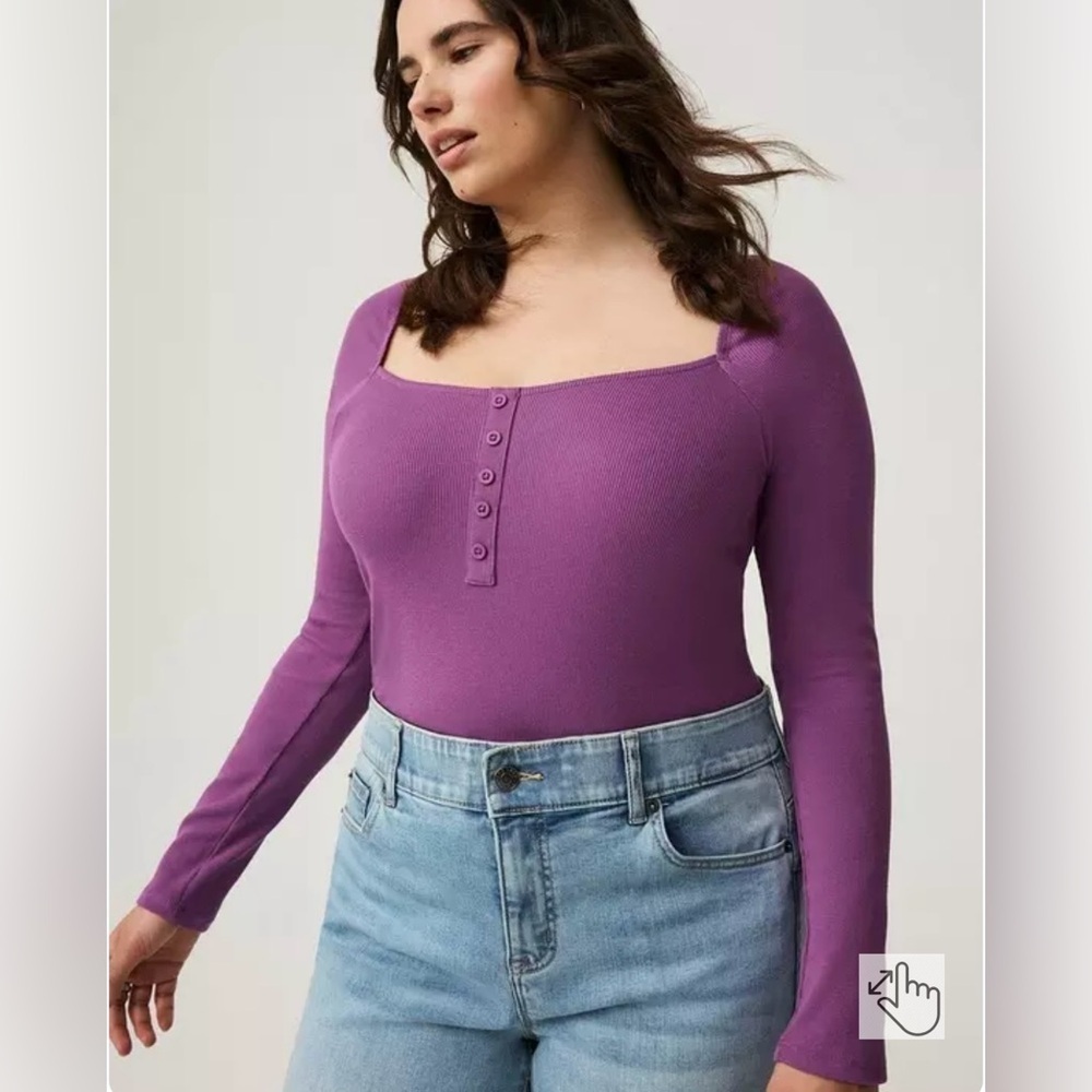 Torrid Ribbed Square Neck Henley Long Sleeve Top Blouse Shirt Purple Plus Size 2